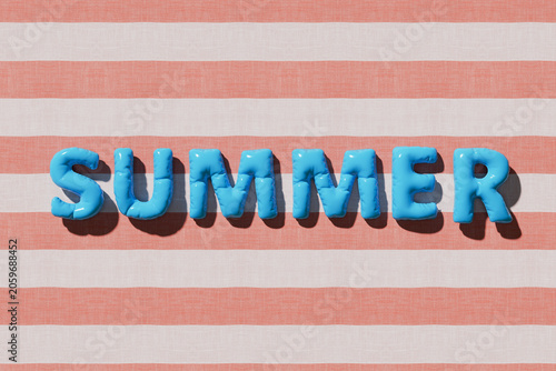 Inflatable blue summer letters on striped fabric