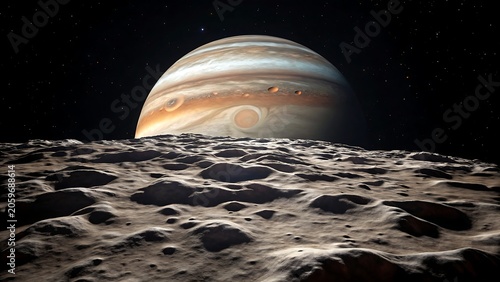 Stunning view of the rocky surface of an asteroid with the massive planet Jupiter rising in deep outer space