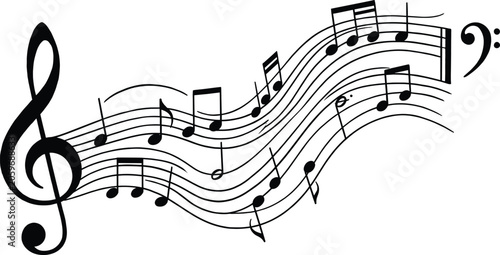 Flowing musical notes and treble clef on curved staff lines, symbolizing melody, rhythm, harmony, creativity, and artistic expression in music design
