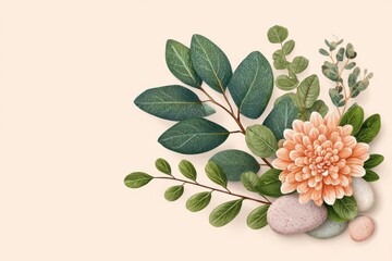 Delicate Peach Flower Arrangement With Green Foliage And Smooth Pebbles On A Soft Beige Background