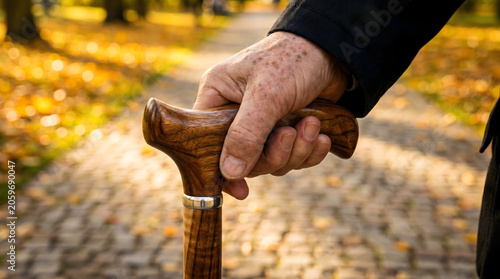 Detailed close-up of an elderly person's hand with age spots gripping a wooden walking cane in an autumn park