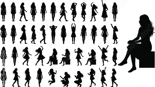 Female silhouette poses showing walking, standing, sitting, and dancing positions, symbolizing movement, expression, creativity, and artistic human figure design