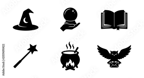 Картината върху платно Magic Icons Set: Wizard Hat, Crystal Ball, Spell Book, Wand, Cauldron, Owl