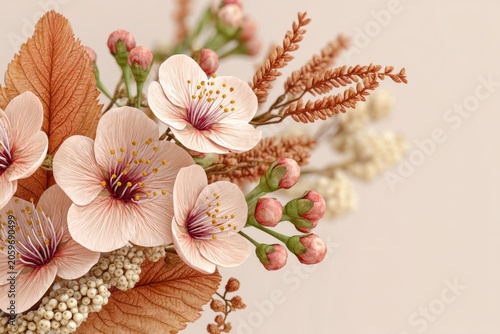 Delicate Pink Cherry Blossom Flowers With Textured Dry Leaves In A Soft Pastel Minimalist Background
