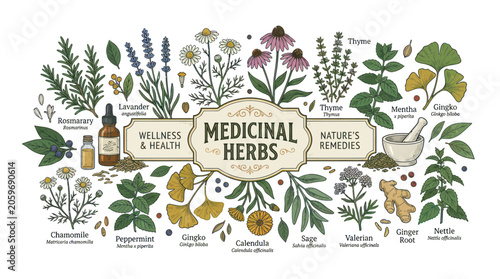 Valokuva Medicinal Herbs and Botanicals Illustration.