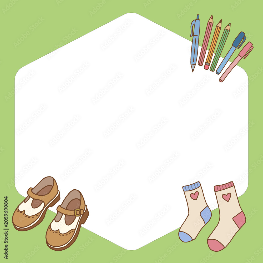 Fototapeta premium Cute hexagon text frame background template with vintage school shoes and heart socks
