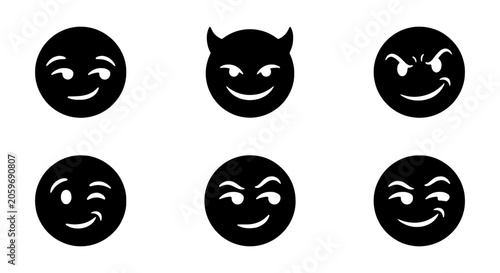 Foto Six Black Devil Emoji Icons, Sinister Grinning Faces, Winking, Mischievous Expre