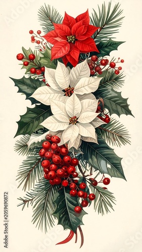 Illustration of holiday flowers, berries, and greenery on a light background