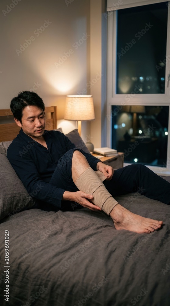 Fototapeta premium Asian male sitting on bed applying compression bandage to leg in cozy bedroom with lamp