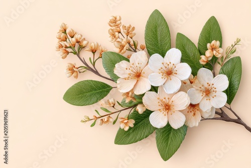 Delicate White And Peach Spring Blossoms On A Branch With Green Leaves Against A Soft Cream Background