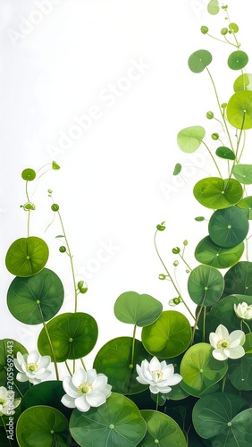 Illustration of lush green aquatic plants with white lotus flowers