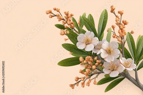 Delicate White Cherry Blossoms On Branch With Green Leaves Against A Soft Pastel Peach Background