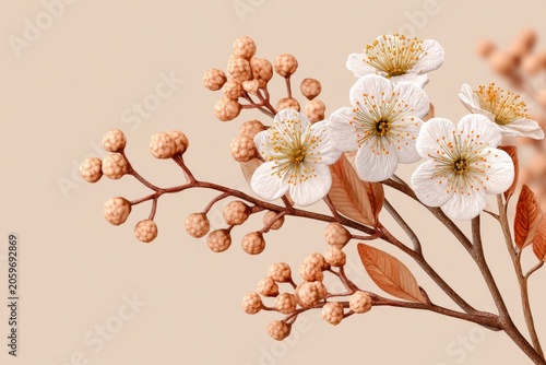Delicate White Cherry Blossoms With Textured Buds On Soft Beige Background For Springtime Elegance