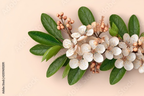 Delicate White Cherry Blossoms With Green Leaves And Small Buds On A Soft Light Beige Background