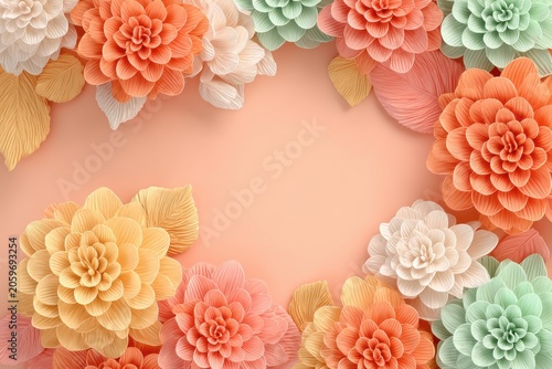 Pastel Paper Flower Arrangement Frame With Peach Background For Spring Seasonal Greeting Or Celebration