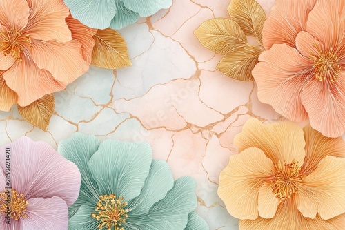 Pastel Peonies And Golden Foliage Pattern On Elegant Marble Background With Soft Artistic Texture