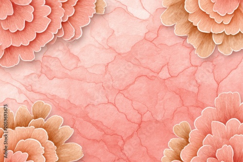 Pastel Pink And Peach Paper Cut Flowers On Textured Watercolor Background With Copy Space For Design