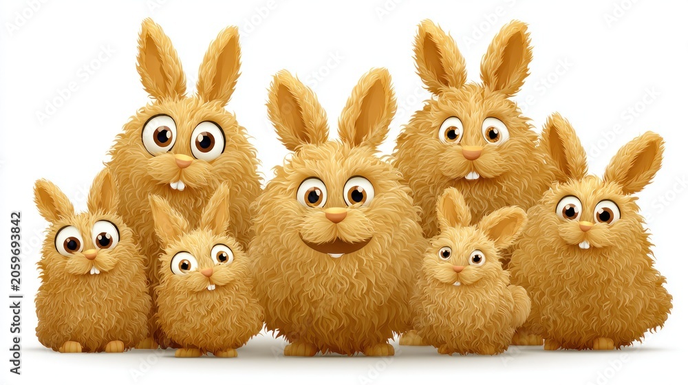 Fototapeta premium Group of fluffy, cartoonish brown rabbits with large eyes standing together