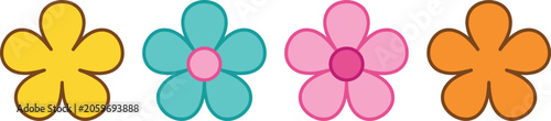 Colorful five-petal flower icons in yellow, blue, pink, and orange on white background, symbolizing spring, freshness, nature, and decorative design
