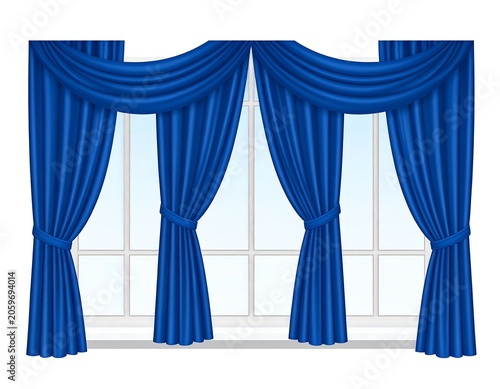 Illustration of luxurious blue window curtains draped elegantly
