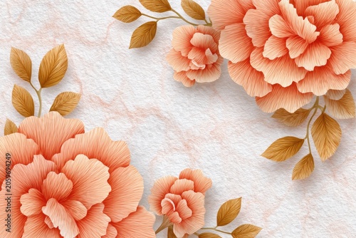 Peach Colored Flowers With Golden Foliage On A Textured Light Beige Background For Wall Decoration