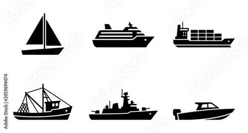 Tableau sur toile Set of 6 Nautical Vessel Icons: Sailboat, Cruise Ship, Cargo Ship, Fishing Boat,