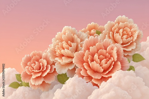 Peach Colored Peonies Resting On Soft Fluffy Clouds Under A Warm Pastel Sunset Sky Background