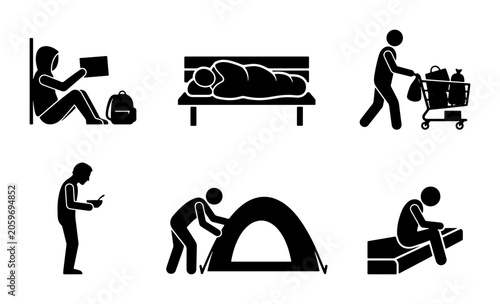 Fotografia Homelessness Icons Set: Shelter, Poverty, Struggle, Social Issues, Urban Life, H