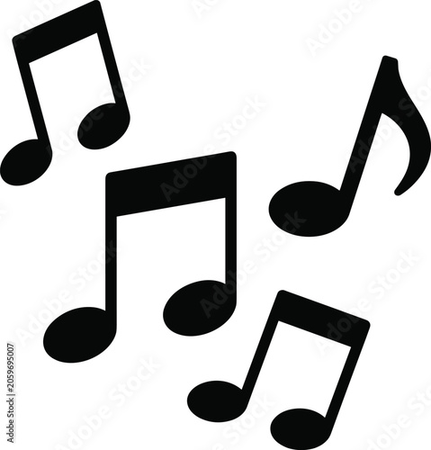 Black musical notes icons on white background representing melody, rhythm, harmony, and creativity in music, sound, performance, and artistic expression