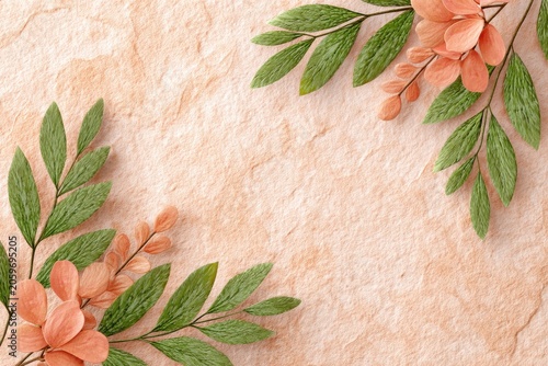 Peach Colored Textured Stone Background With Delicate Dried Flower Sprigs And Green Leaves Frame
