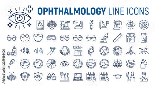 Set of ophthalmology line icons, vector illustration of eye care and vision testing equipment
