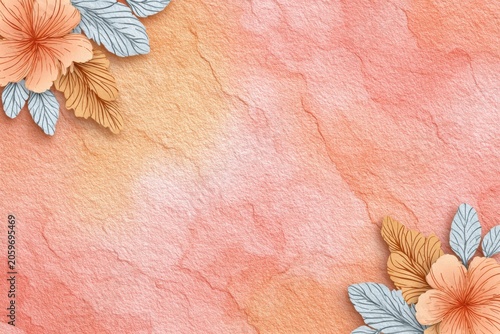 Peach Textured Background With Delicate Floral Ornament In Corners Soft Aesthetic For Greeting Cards