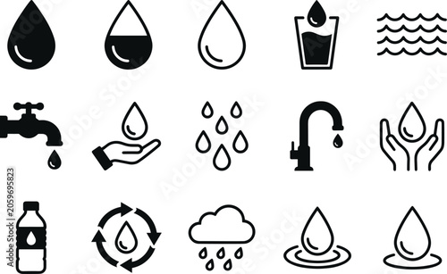 Black and white water drop icons with faucet, hand, bottle, cloud, and recycling symbols representing purity, conservation, hydration, and sustainability