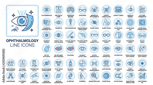Set of ophthalmology line icons, eye care and vision checkup symbols