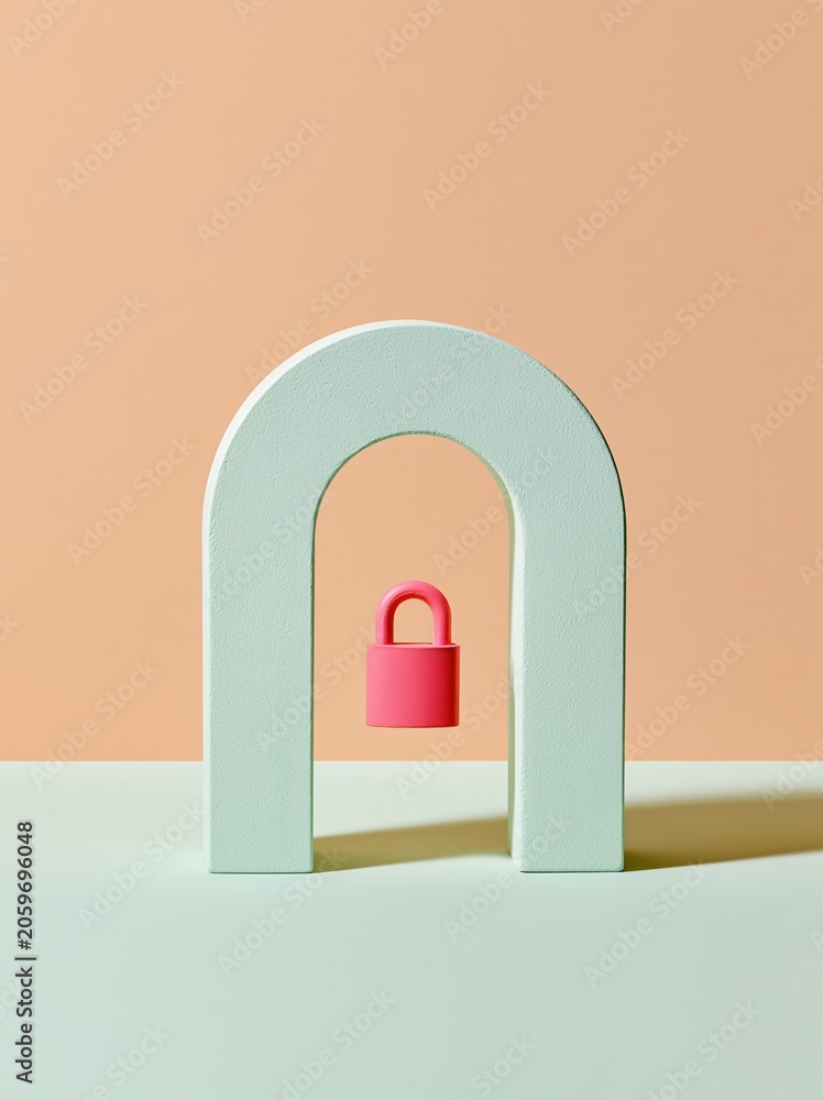 Fototapeta premium Minimal light blue arch with a pink padlock floating inside the opening, showing matte textured surfaces and clean geometric shadows for security and data protection concepts