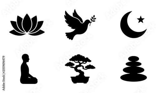 Photography Zen Meditation Icons: Lotus, Dove, Crescent Moon, Figure, Bonsai Tree, Stacked S