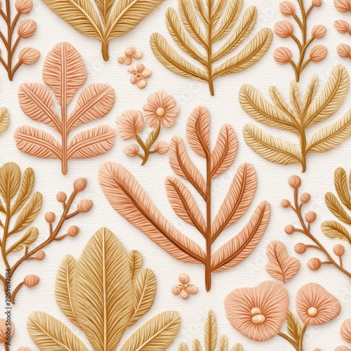 Seamless Botanical Pattern With Golden And Peachy Textured Leaves On A Cream Colored Textured Background