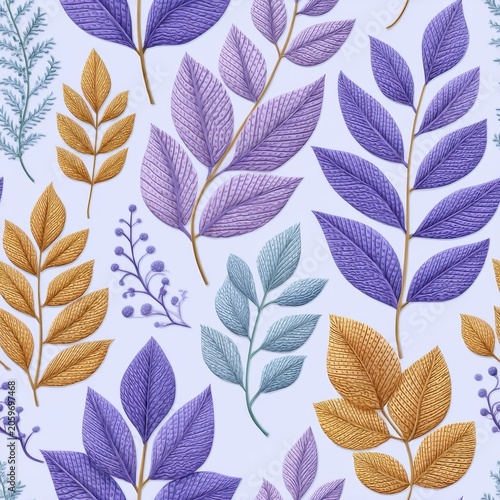 Seamless Botanical Pattern With Purple And Gold Embroidered Leaves On A Light Blue Background