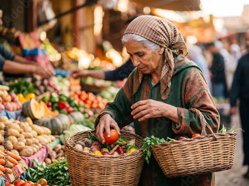 Elderly Moroccan woman shopping at morning market with wicker basket, buying loose vegetables without plastic, traditional slow shopping