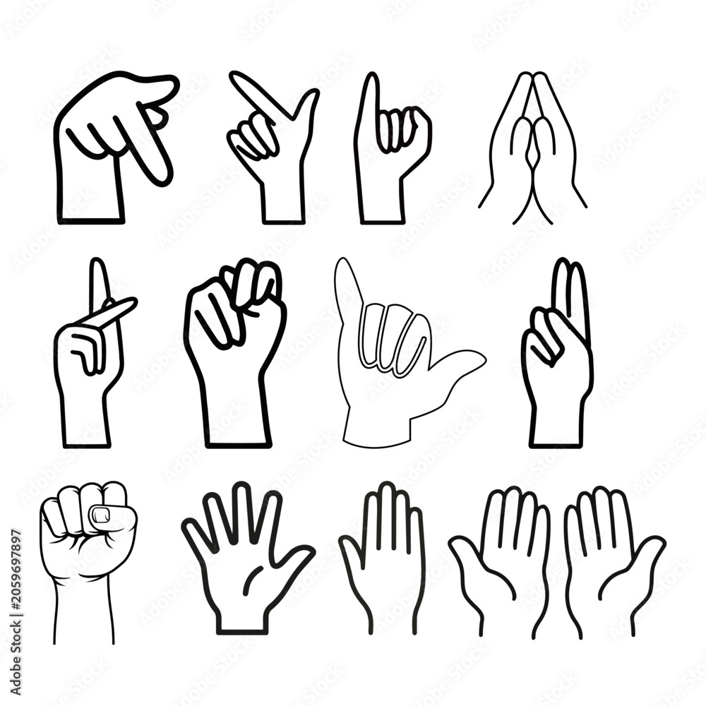 Fototapeta premium Human hand gestures and sign language line art icons including prayer, fist, and pointing.