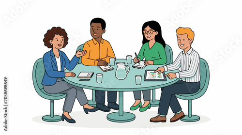 Four colleagues in business attire engaged in a meeting around a table (1)