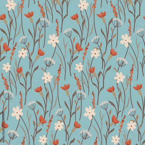 Seamless floral pattern, delicate ditsy print of minimal wild plants in a spring motif. Cute botanical design of small hand drawn flowers, tiny leaves, mini herbs on a blue field. Vector illustration.