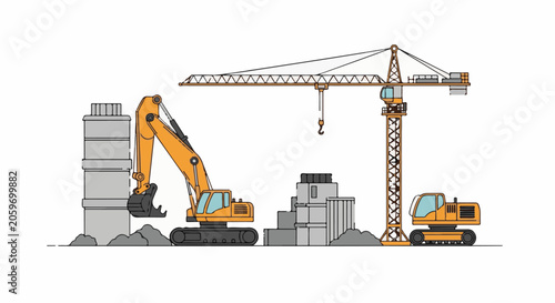 Illustration of construction site with crane and excavators