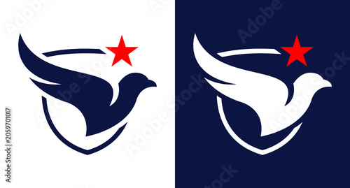 Schilderij op canvas Illustration vector of stylized flying bird inside a curved shield frame and the lone star, minimalist simple clean flat style with suitable for america or usa cybersecurity logo design