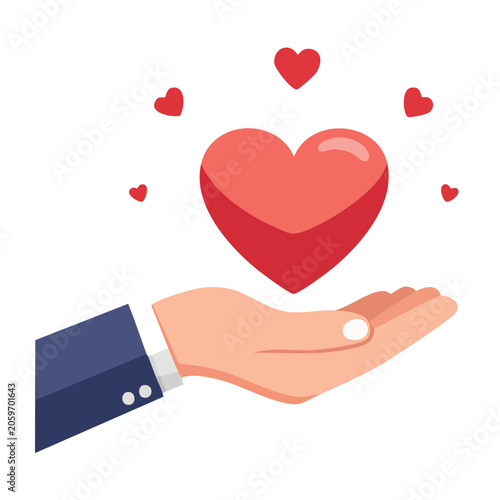 Hand holding red heart with floating hearts illustration