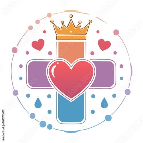 Heart and Crown Icon with Cross and Drops