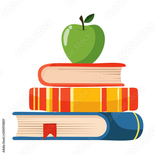 Stack of books with green apple on top, flat illustration