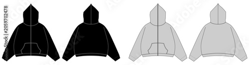 Oversized Cropped Hoodie Technical Flat Sketch Set Front and Back View with Kangaroo Pocket and Zipper