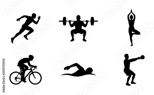 Quadro su tela Fitness Silhouette Icons Set: Running, Weightlifting, Yoga, Cycling, Swimming, K