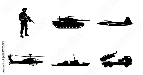 Foto Military Icons Set: Soldier, Tank, Jet, Helicopter, Warship, Missile Launcher Ve